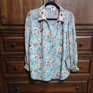 Cato Floral Blouse - Teal and Peach